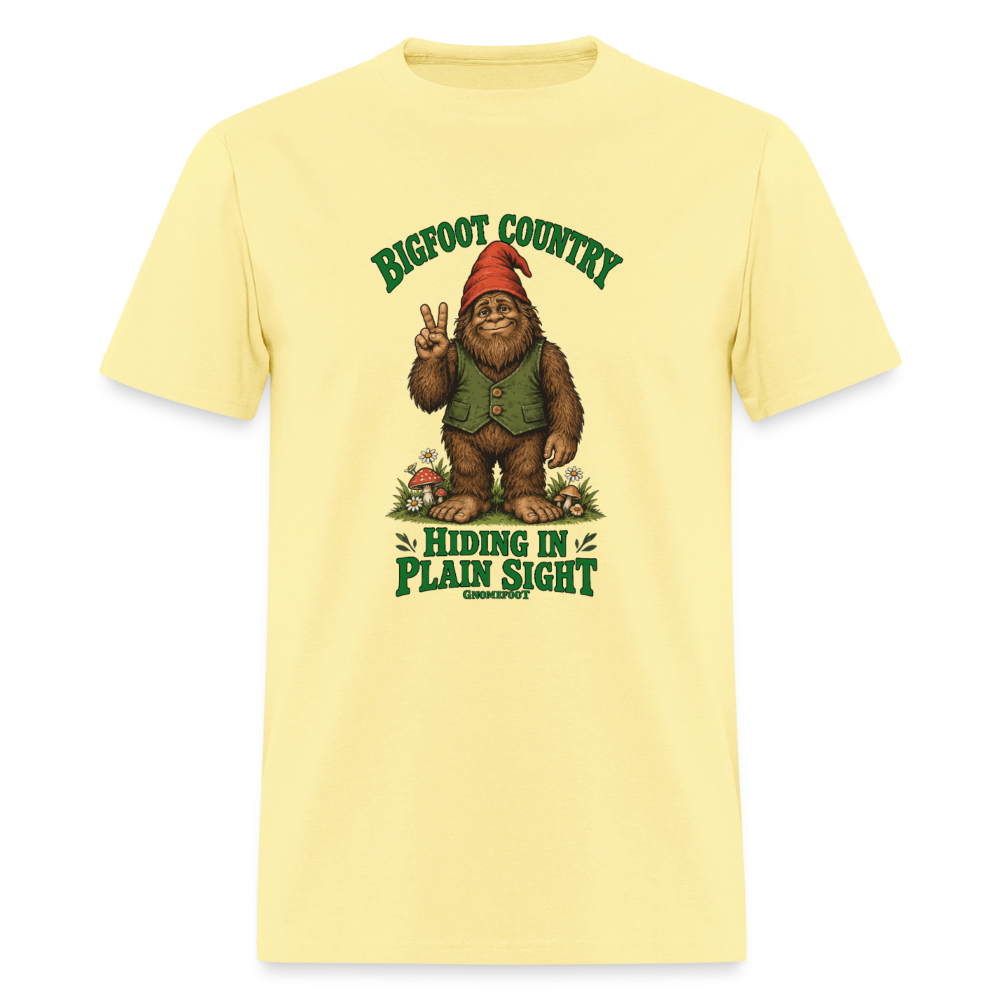 Bigfoot Country Hiding in Plain Sight Gnomefoot Men's T-Shirt - cornsilk