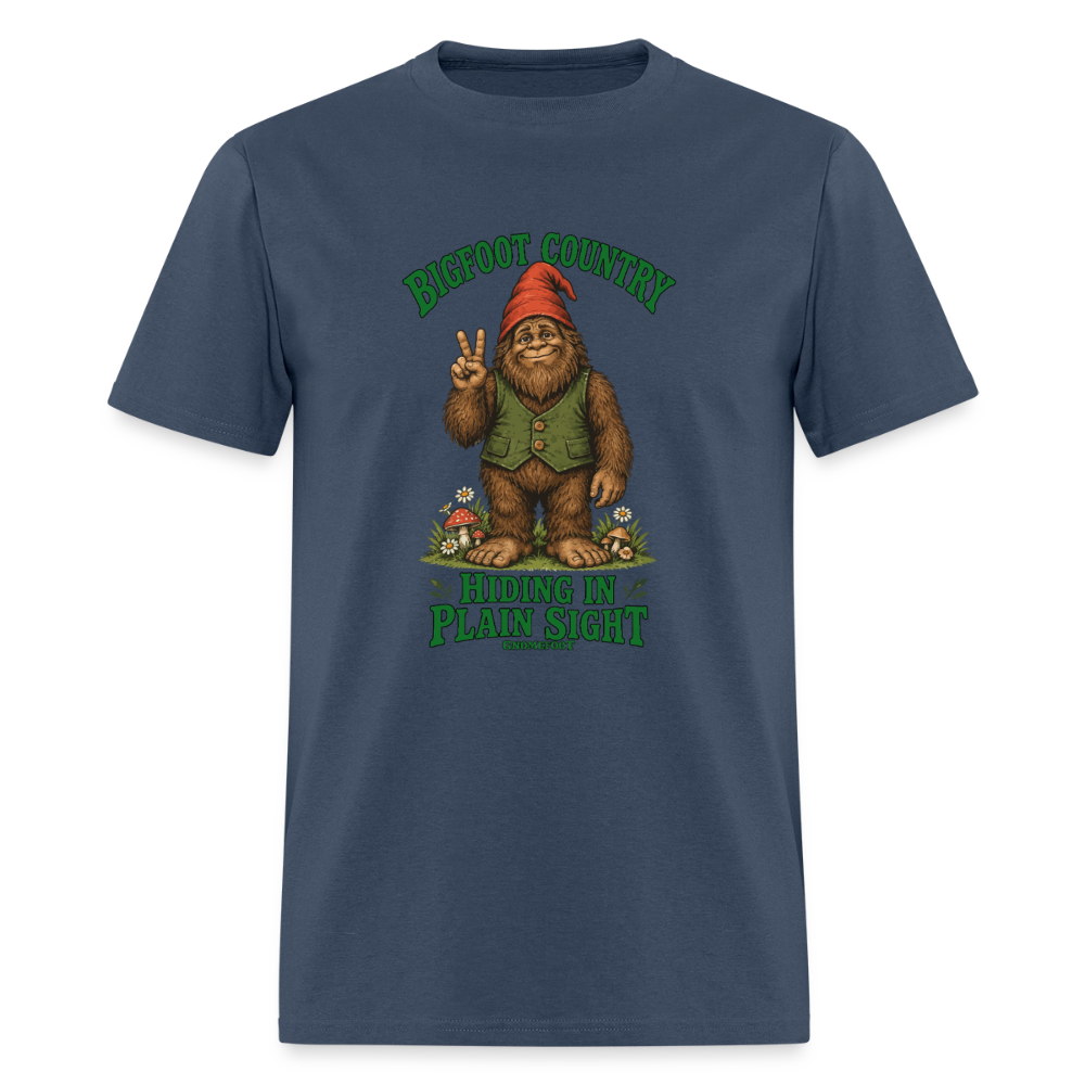 Bigfoot Country Hiding in Plain Sight Gnomefoot Men's T-Shirt -  blue dusk