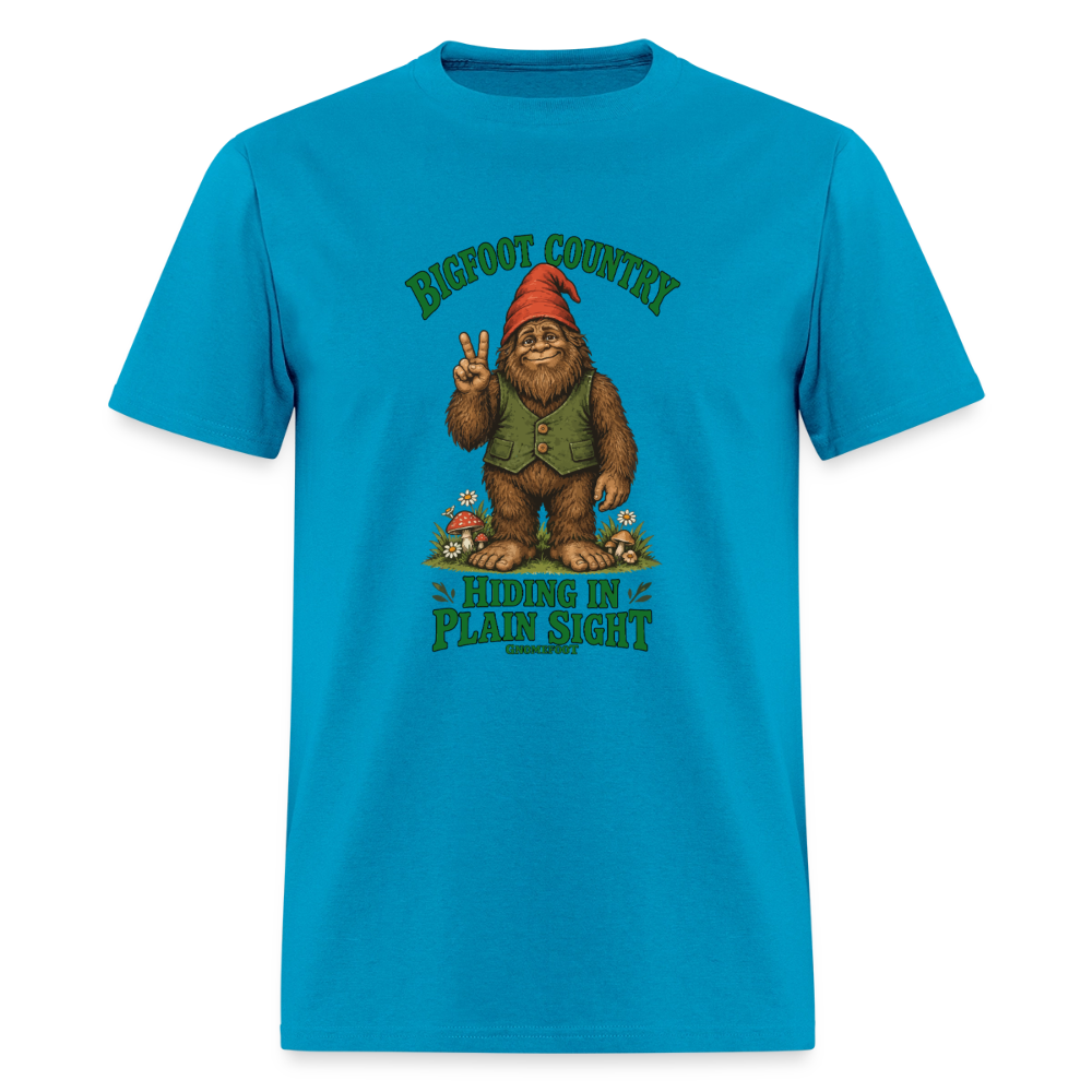 Bigfoot Country Hiding in Plain Sight Gnomefoot Men's T-Shirt - turquoise