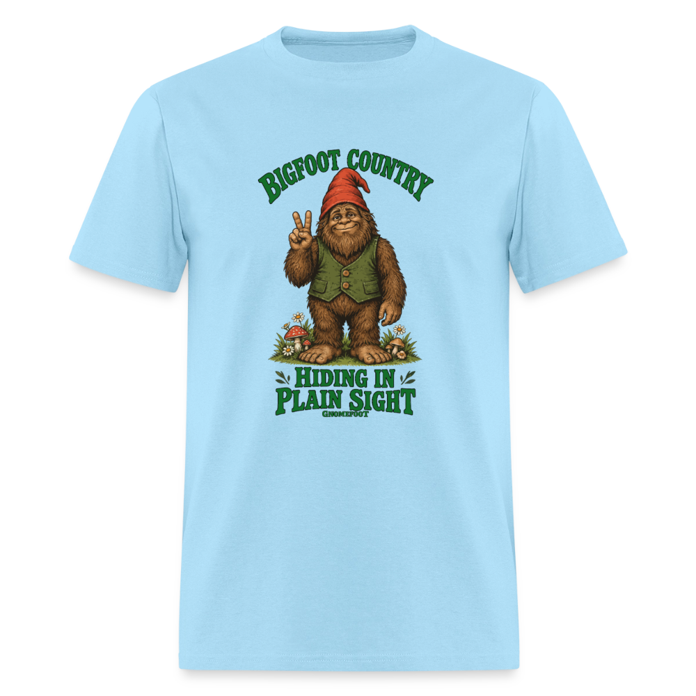 Bigfoot Country Hiding in Plain Sight Gnomefoot Men's T-Shirt - powder blue
