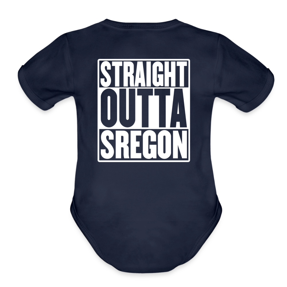 Straight Outta Sregon Organic Short Sleeve Baby Bodysuit - dark navy