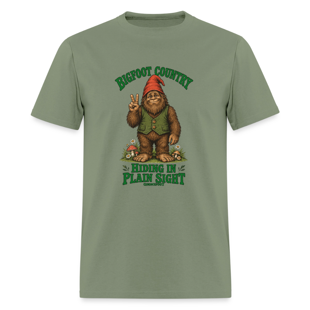 Bigfoot Country Hiding in Plain Sight Gnomefoot Men's T-Shirt - military green