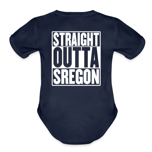 Straight Outta Sregon Organic Short Sleeve Baby Bodysuit - dark navy